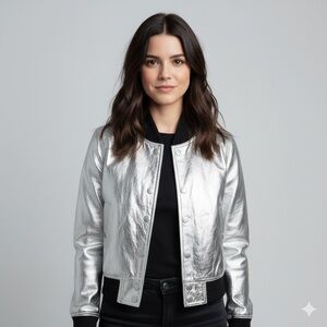 CC Logo Silver Faux Leather Bomber Jacket - S/4-6US